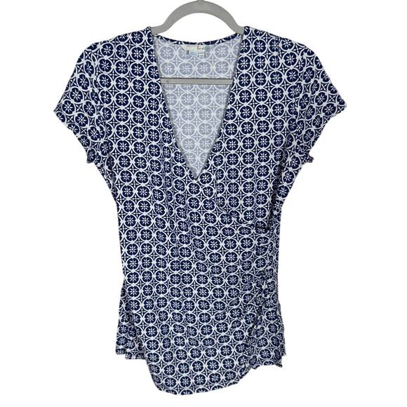Boden Cap Sleeve Faux Wrap Blouse Geo Print Navy Blue Size 10 - Picture 1 of 4